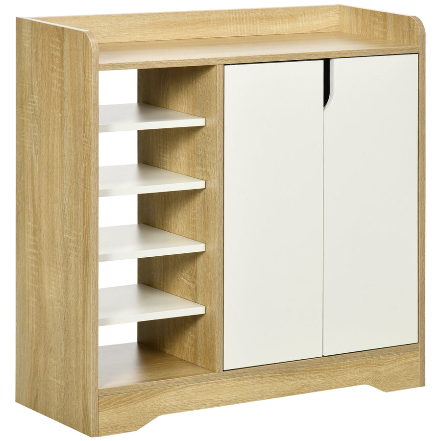 HOMCOM Shoe Storage with open side shelves and a double door cabinet in natural and white finish