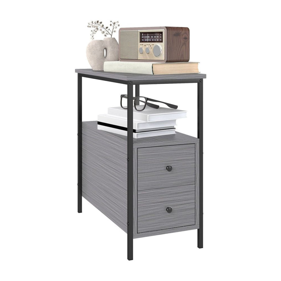 HOMCOM Side Table, Narrow Bedside Table with 2 Drawers and Storage Shelf, Industrial End Table with Metal Frame for Small