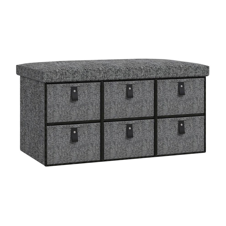 HOMCOM Six-Drawer Shoe Storage Bench with a padded dark grey top seat and six fabric drawers below