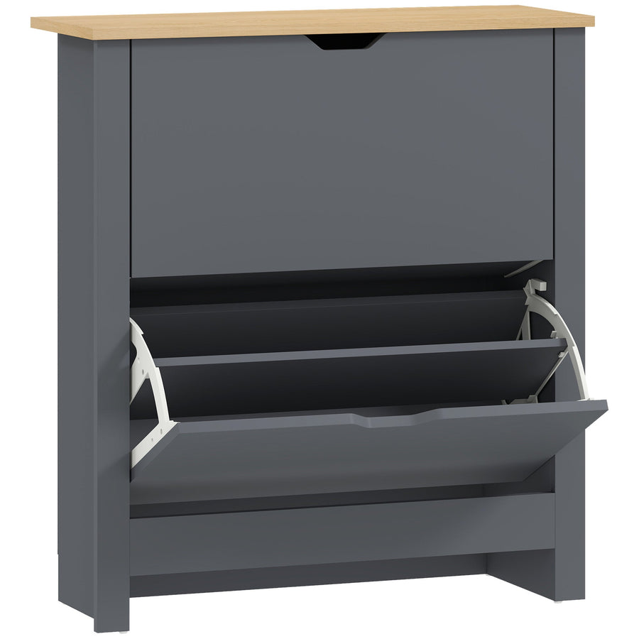 HOMCOM Slim Shoe Cabinet with two flip drawers and a wooden top surface