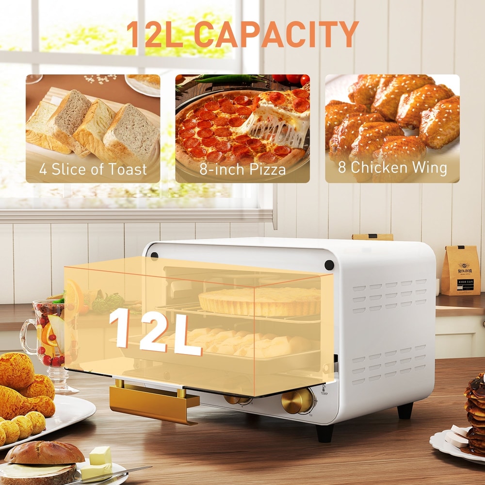 the white mini countertop oven shown on a kitchen surface with food examples above it