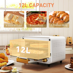 the white mini countertop oven shown on a kitchen surface with food examples above it