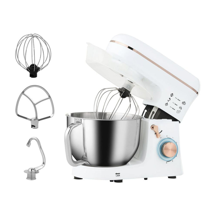 HOMCOM Stand Mixer with its stainless steel bowl and three different mixing attachments on the side