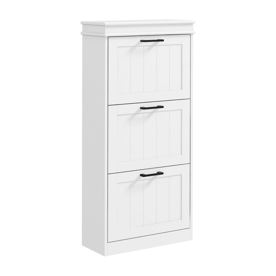 HOMCOM Three-Drawer Minimalistic Shoe Storage Cabinet, a white three-drawer cabinet with black handles