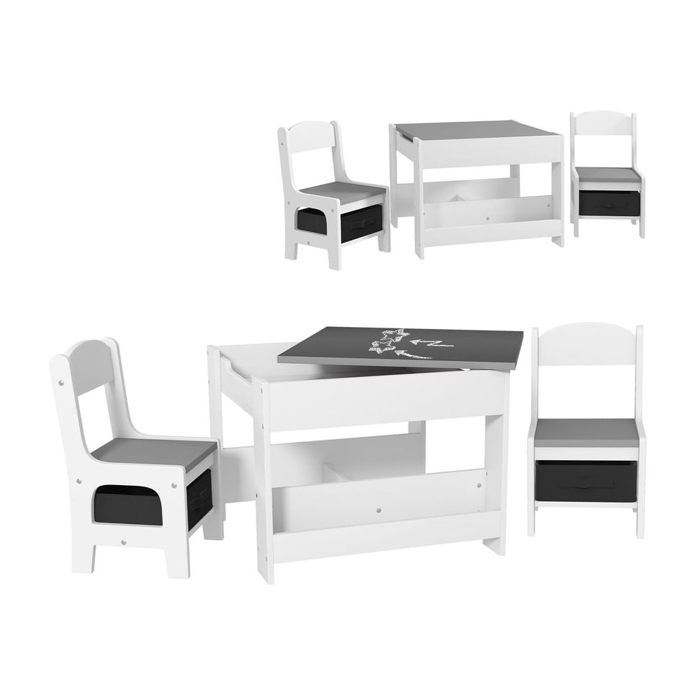 HOMCOM Three-Piece Kids Table and Chair Set with Blackboard, Storage, Bookshelves - Grey