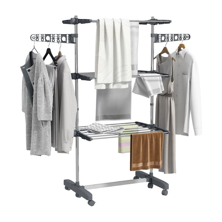 HOMCOM Three-Shelf Collapsing Clothes Horse with side arms and wheels in grey, fully assembled and loaded with clothes