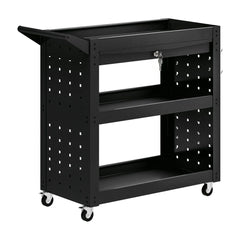 HOMCOM Tool Cart with Lockable Wheels, Rolling Workshop Cart with 3-Tier Trays, Drawer, Pegboards, Black