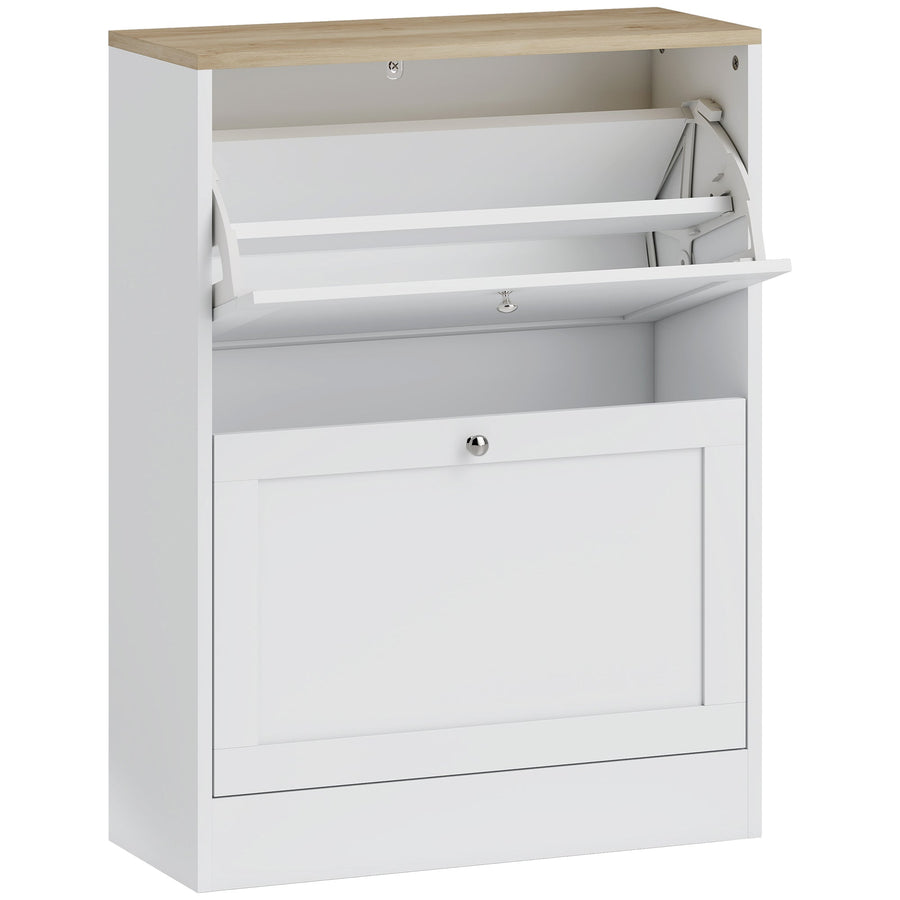 HOMCOM Two Flip Drawer Shoe Cabinet in white with a wood effect top