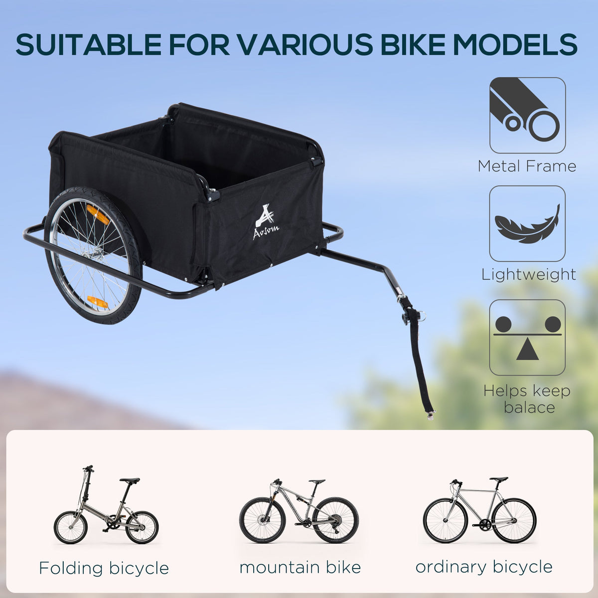 The bicycle cargo trailer shown with different types of bikes it can be attached to