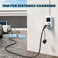 The 10m EV charging cable connected to a wall charger and an electric car