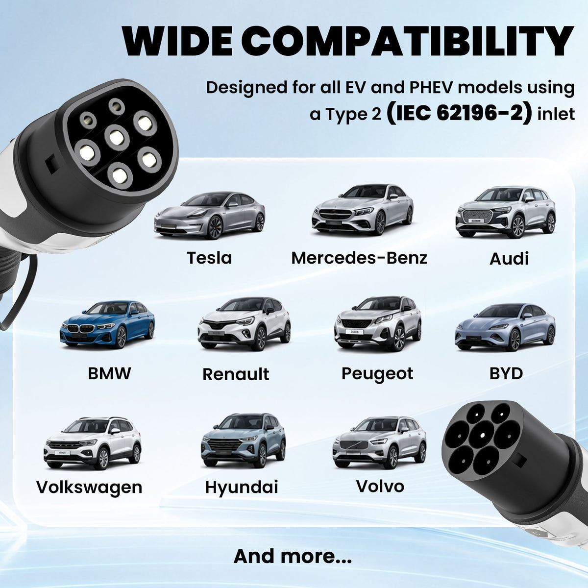 EV charging cable connector shown with logos of compatible car manufacturers