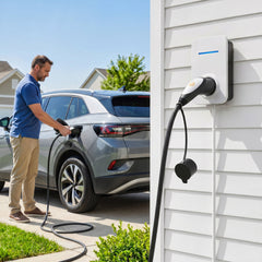 Man plugging the electric vehicle charging cable into a car
