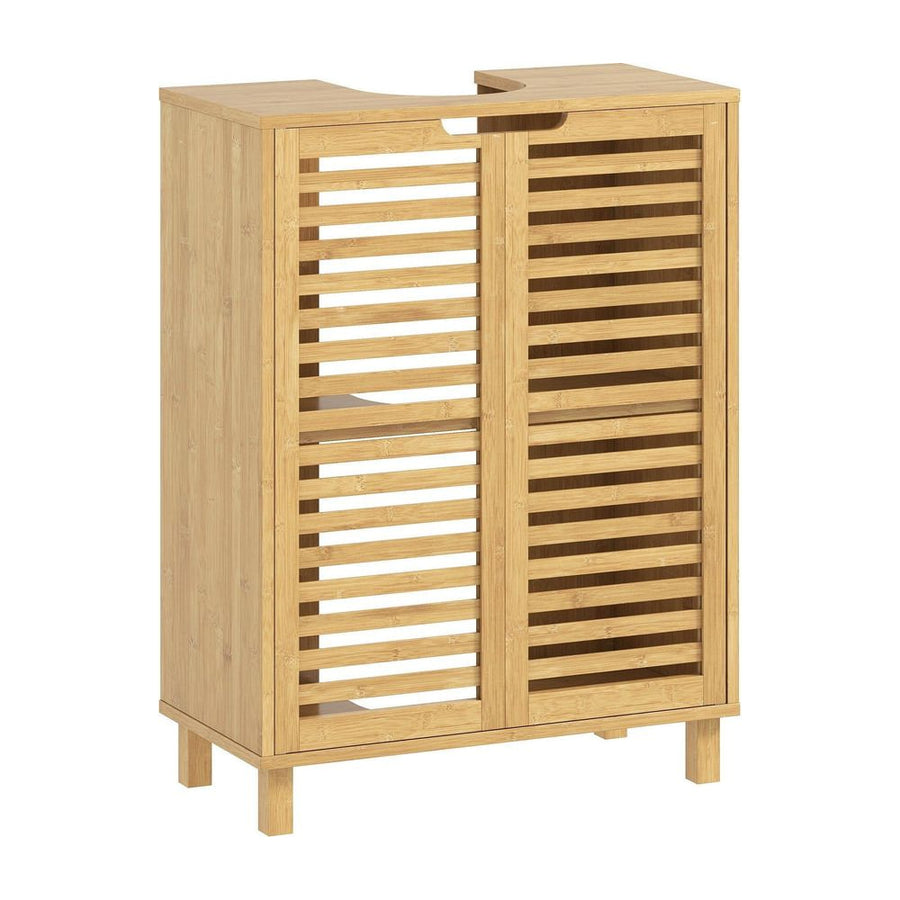 HOMCOM Under Sink Bathroom Cabinet, Freestanding Bamboo Under Sink Cabinet with Louvered Doors and Adjustable Shelf, Natural