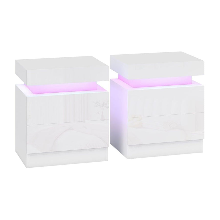 HOMCOM White Bedside Table with LED Light, High Gloss Front Nightstand with 2 Drawers, for Living Room, Bedroom, Set of 2