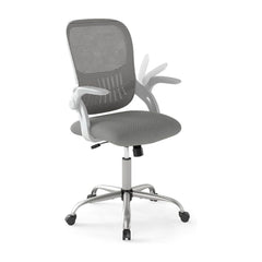 Home Office Chair with grey mesh back and flip up armrests on a white background