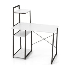 Home Office Desk with Bookshelf and Host Stand in white with a black metal frame