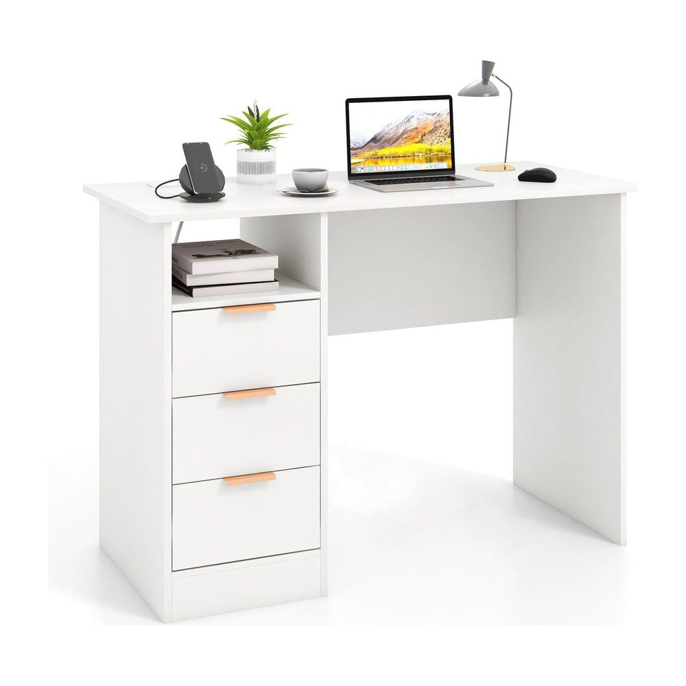 Home Office Desk with power outlet and 3 storage drawers in white