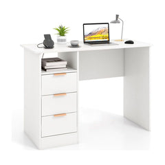 Home Office Desk with power outlet and 3 storage drawers in white