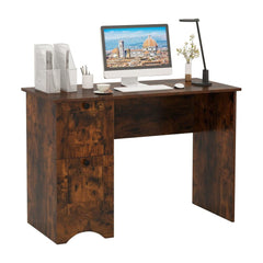 Home Office Writing Desk with 2 Drawers in rustic brown wood effect finish, shown with a computer and lamp