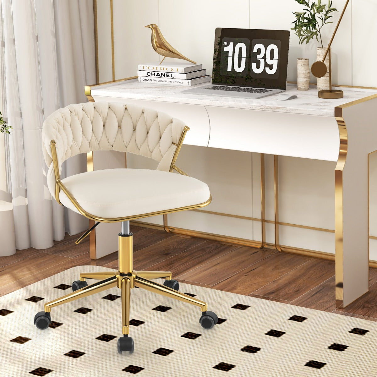 Home Office Desk Chair with Hand-woven Back and Golden Metal Legs-White