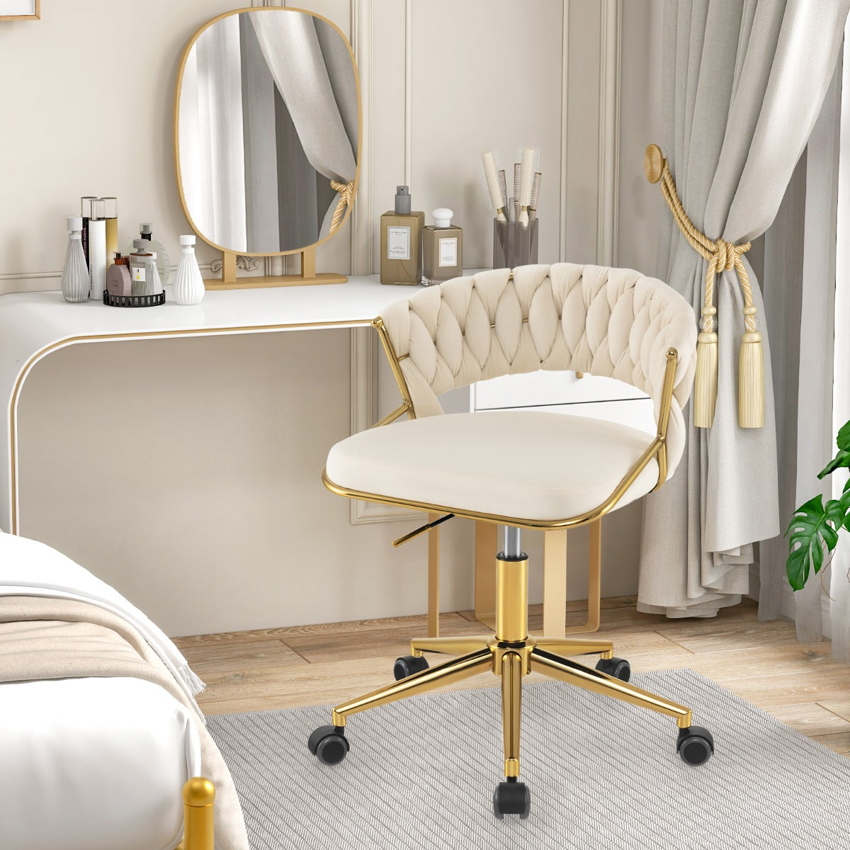Home Office Desk Chair with Hand-woven Back and Golden Metal Legs-White