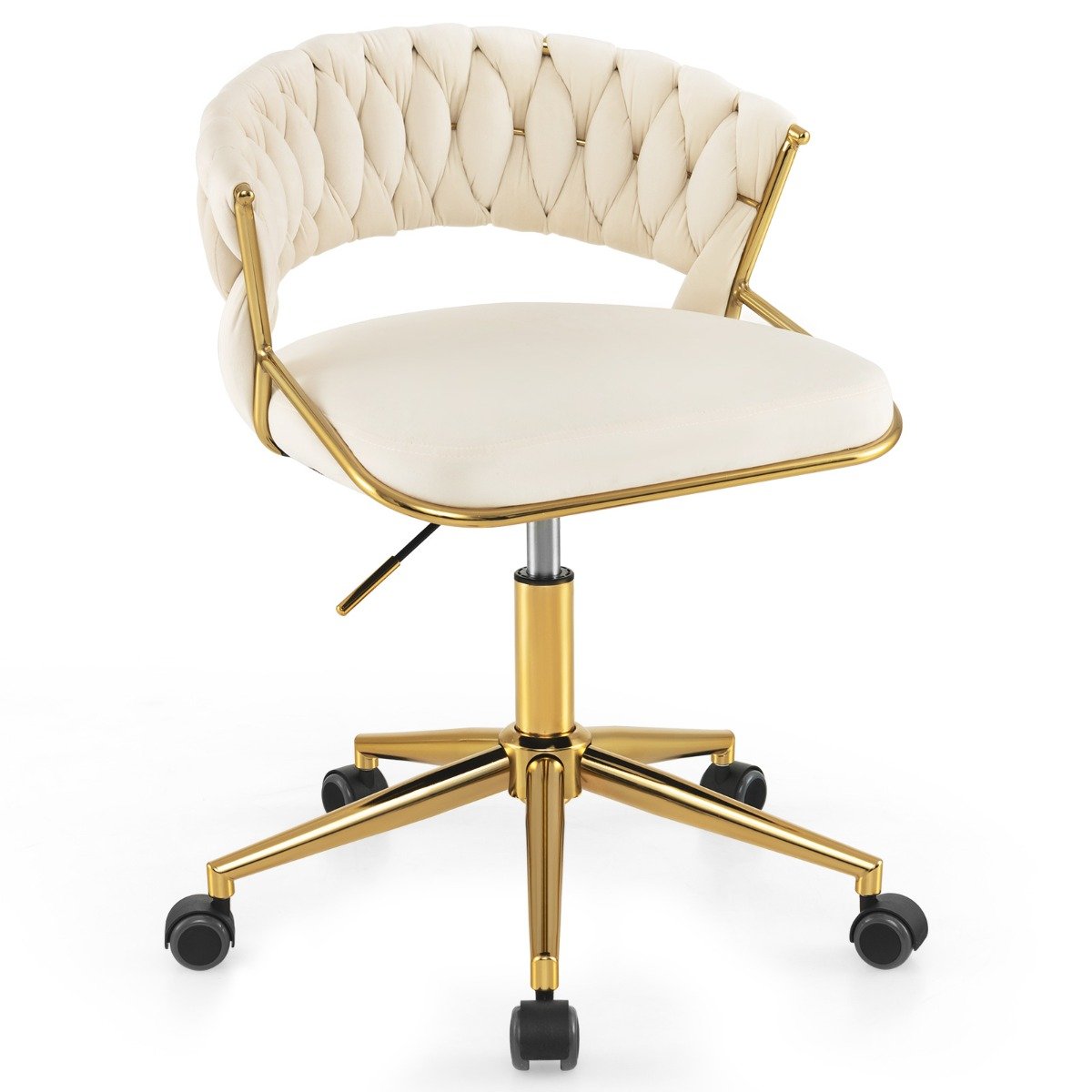 Home Office Desk Chair with Hand-woven Back and Golden Metal Legs-White