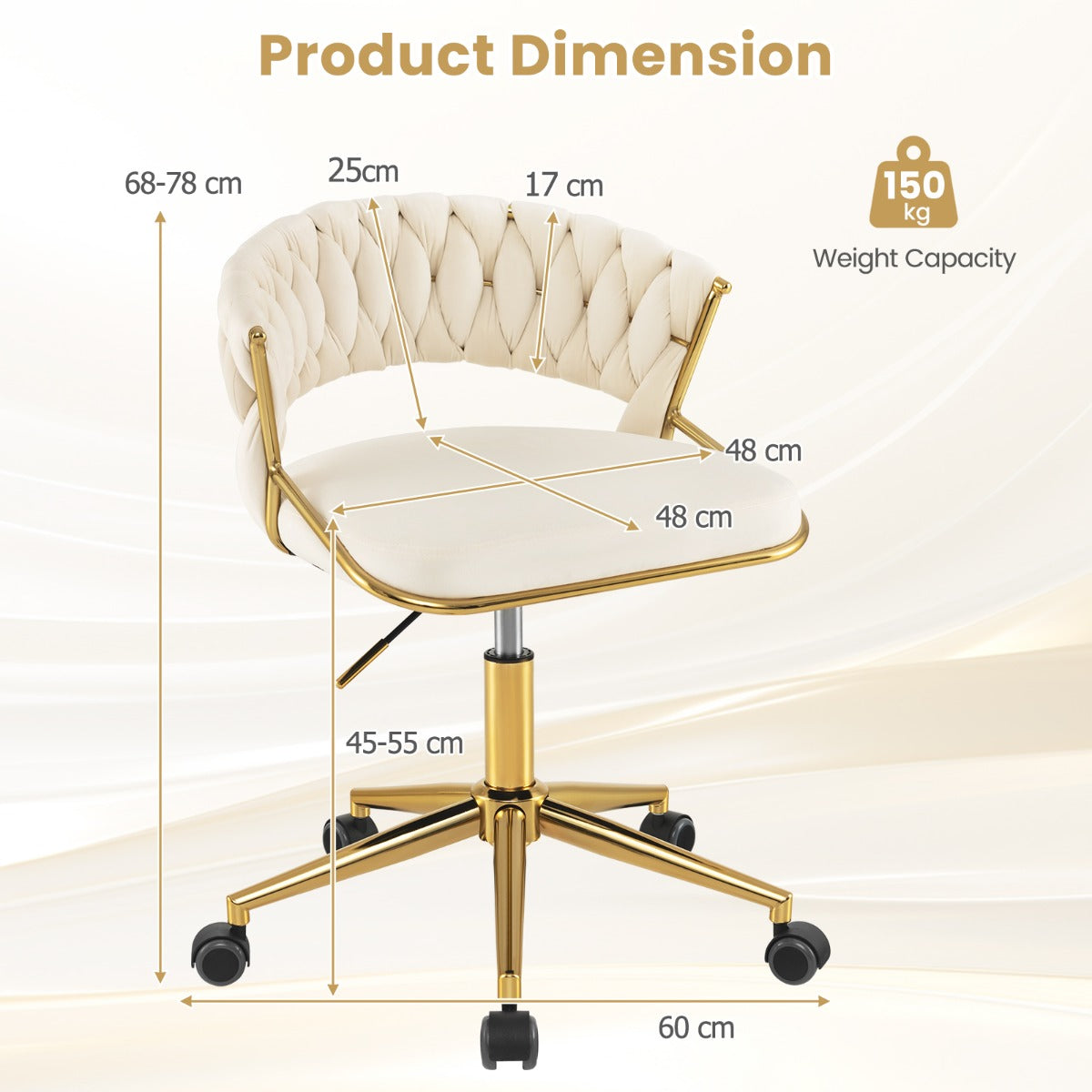 Home Office Desk Chair with Hand-woven Back and Golden Metal Legs-White