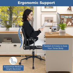 The office chair demonstrating ergonomic support features with a diagram of a human spine