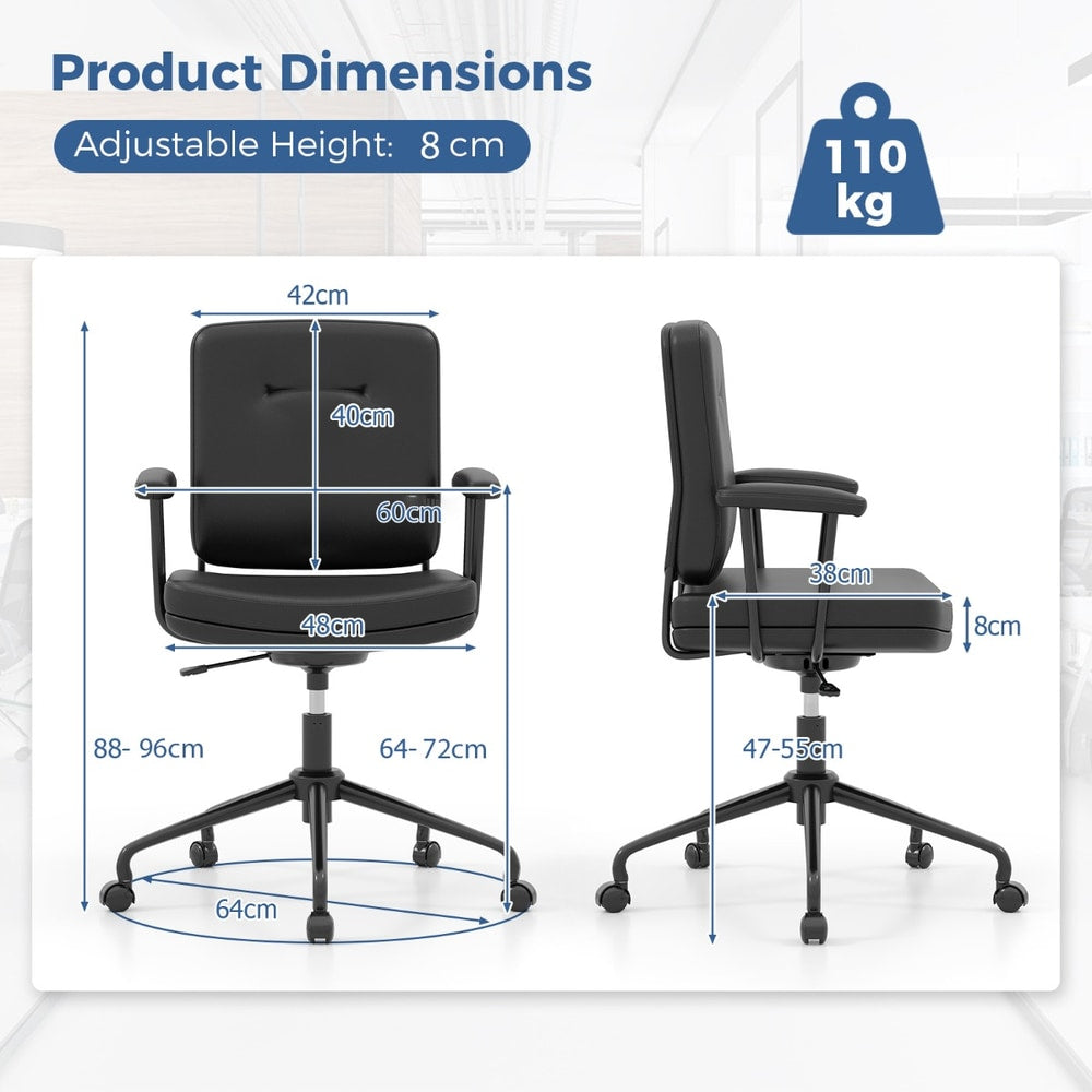 The office chair shown from front and side angles with various measurement lines and labels