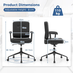 The office chair shown from front and side angles with various measurement lines and labels