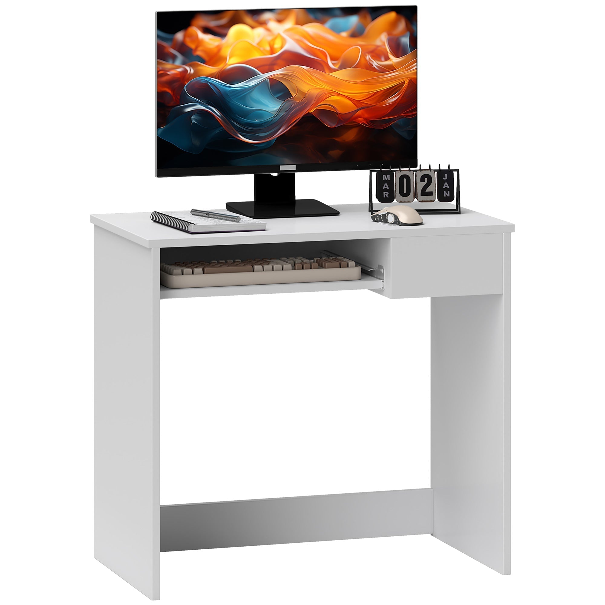 HOMCOM 80cm Compact Computer Desk with Keyboard Tray, Home Office Desk with Drawer for Bedroom Study, White