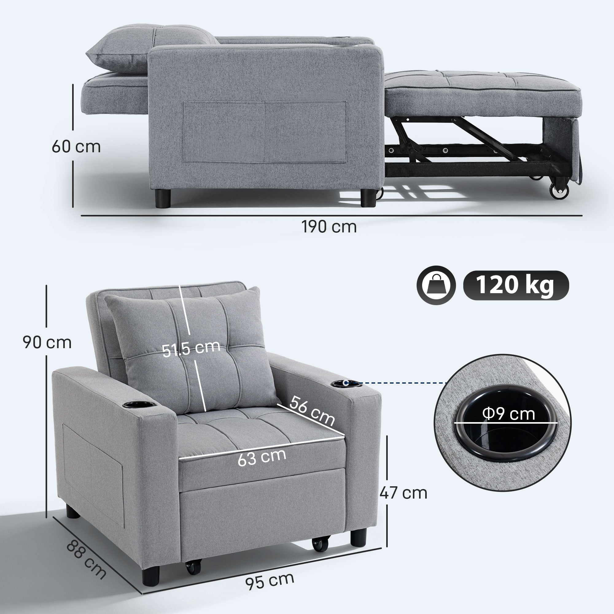 HOMCOM 3-in-1 Single Sofa Bed, Convertible Sleeper Chair Bed - Light Grey