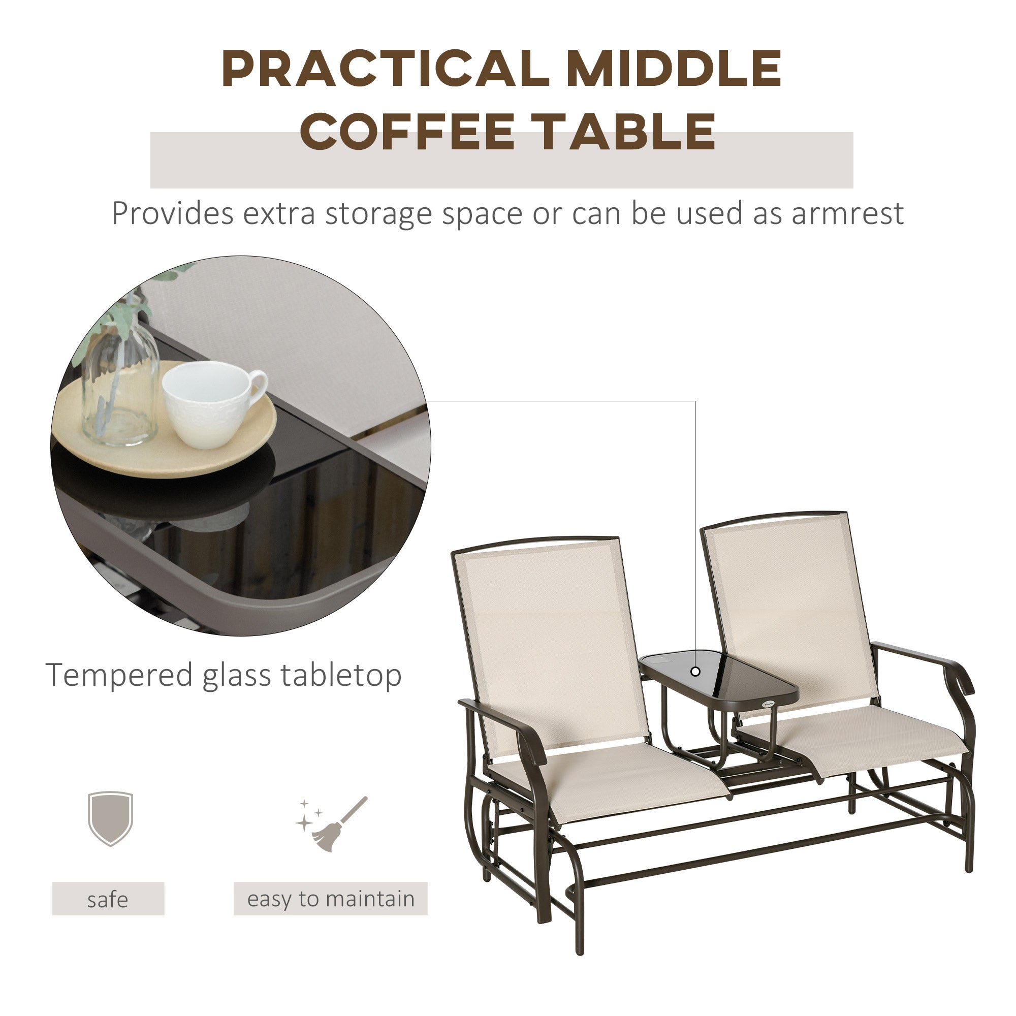 Outsunny 2 Seats Garden Glider Bench, Metal Frame Loveseat with Glass Top Centre Table, Porch Rocking Glider for 2 Person, for Deck, Patio, Brown/ Khaki