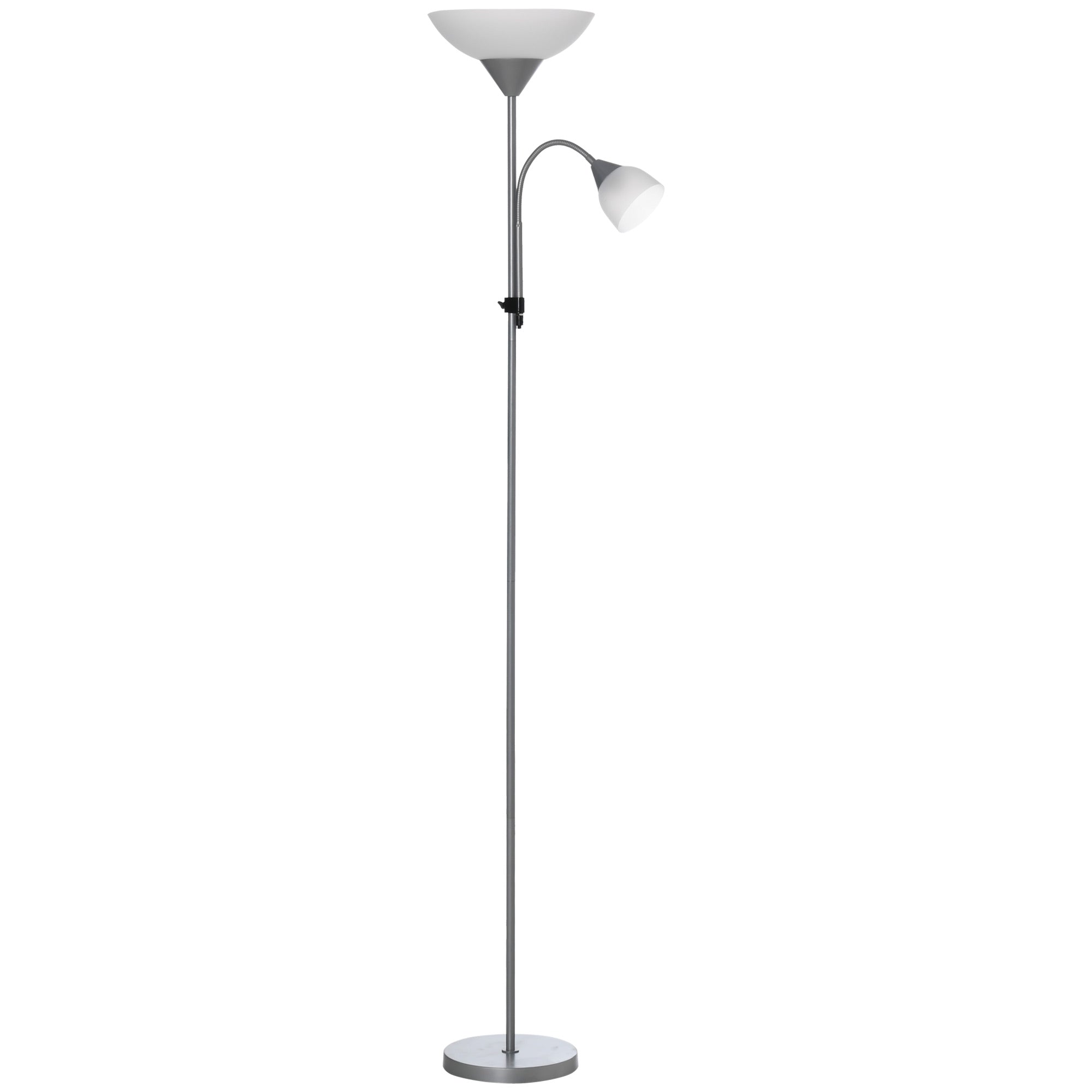 HOMCOM LED Floor Lamp for Living Room, 180cm Tall Standing Lamp, Mother and Child Uplighter with Adjustable Gooseneck, Silver Tone