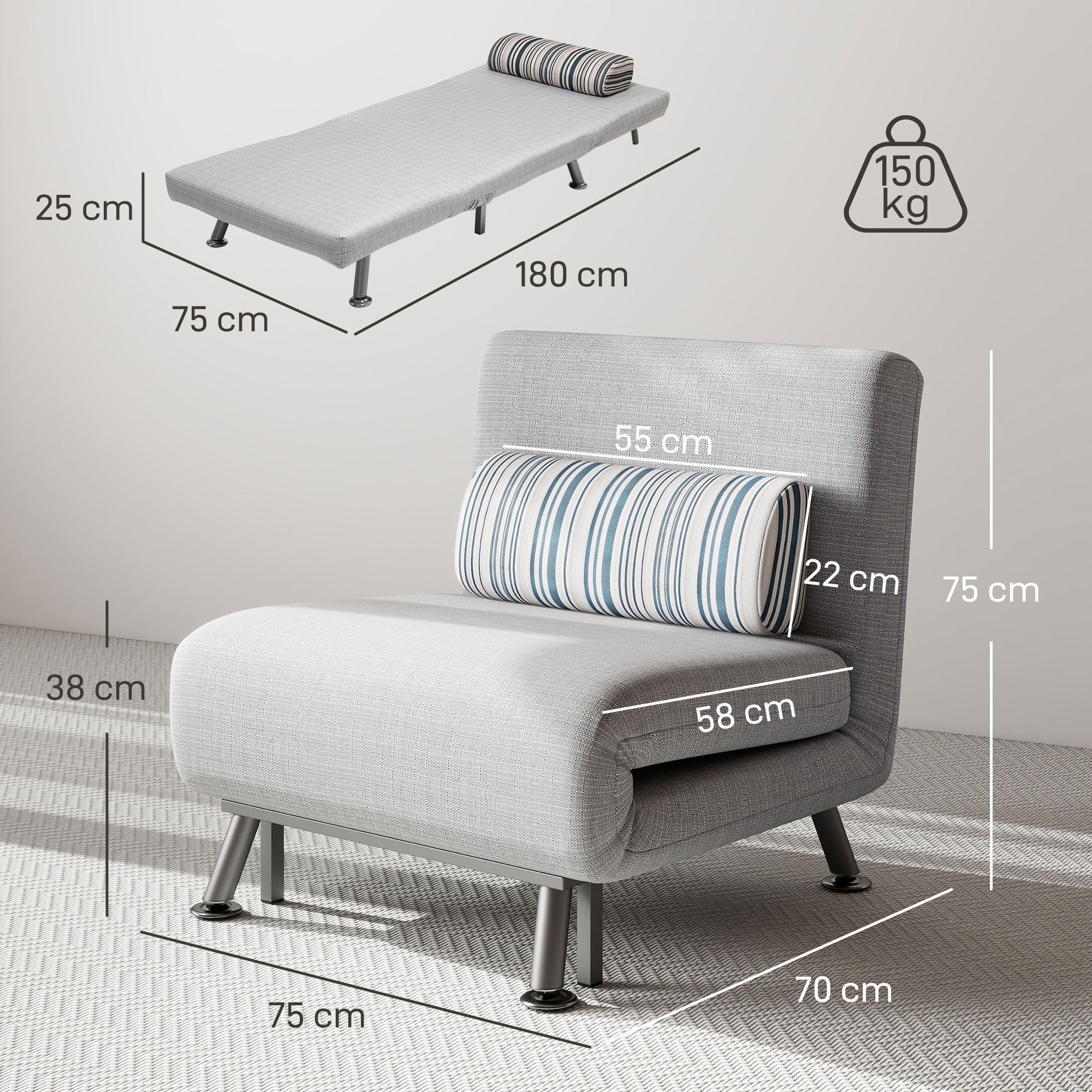 HOMCOM Single Sofa Bed, 1 Person Sleeper Foldable Lounge with Pillow, Grey