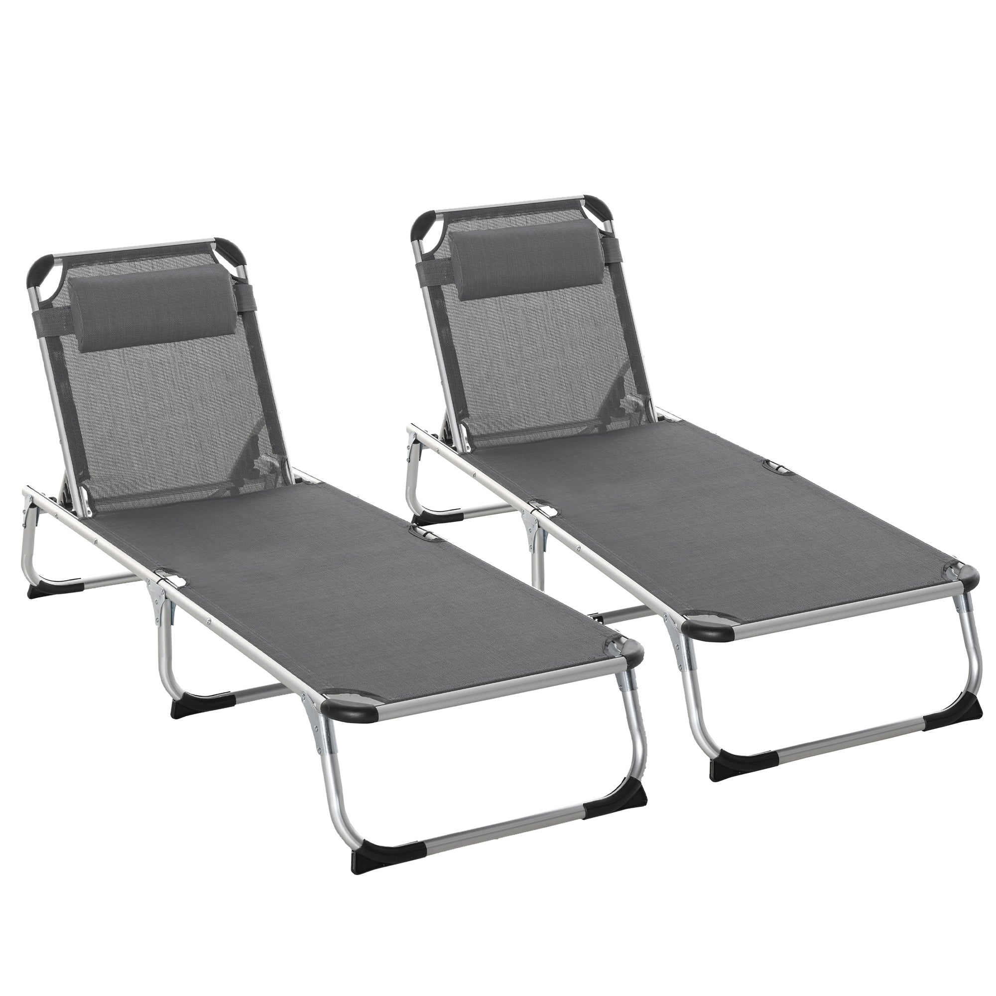 Outsunny Foldable Outdoor Sun Loungers Set of 2, Reclining Lounge Chair Camping Bed Cot with Pillow 4-Level Adjustable Back Aluminium Frame, Grey
