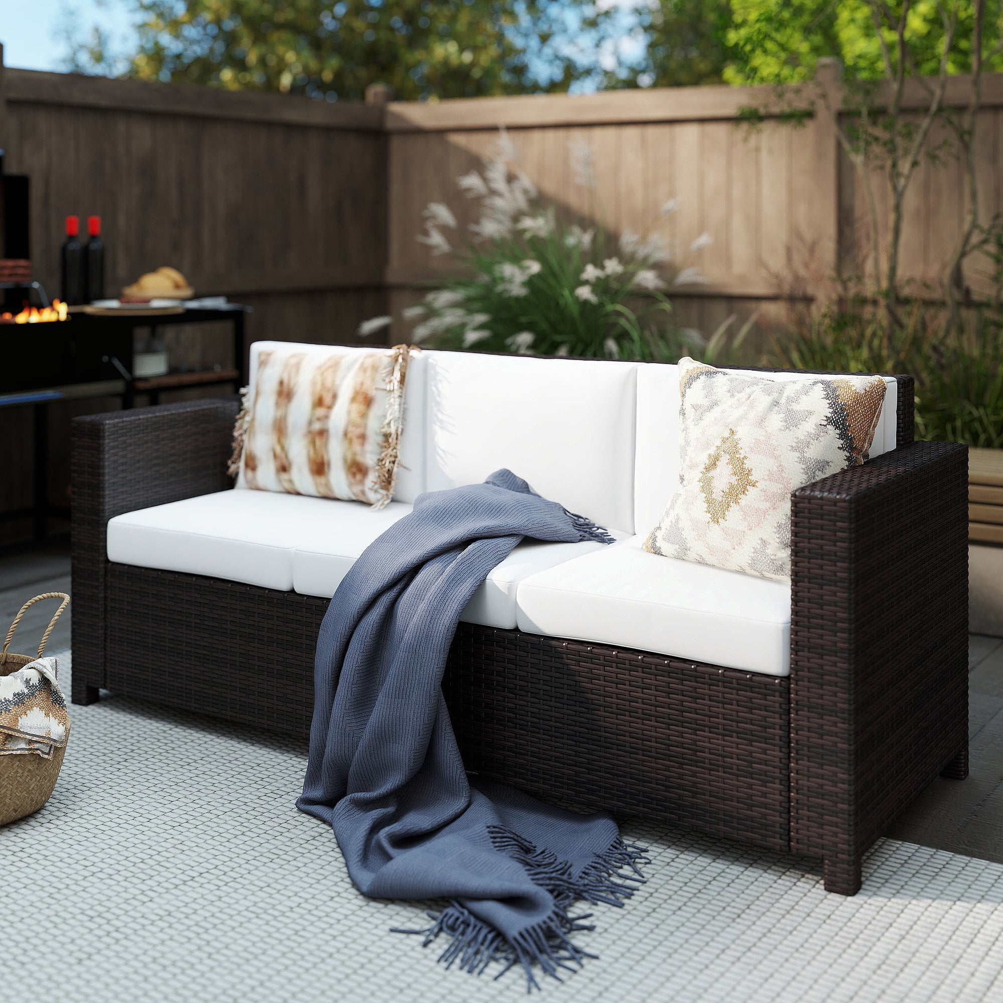 Outsunny 3 Seater Rattan Sofa, All-Weather Wicker Weave Metal Frame Chair with Fire Resistant Cushion, Brown