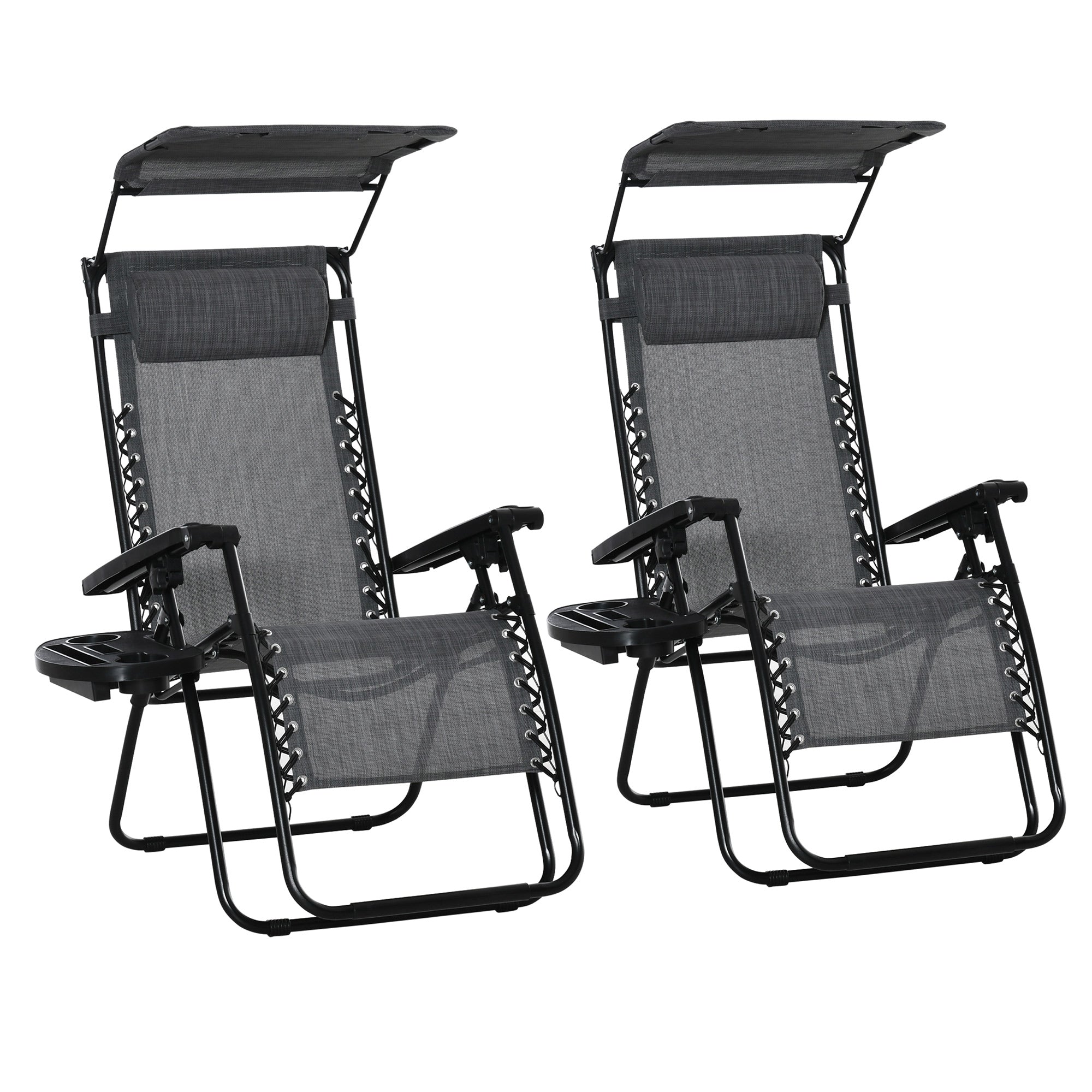 Outsunny 2 Piece Foldable Reclining Garden Chair with Headrest, Zero Gravity Deck Sun Lounger Seat Chair with Footrest, Armrest, Cup Holder & Canopy Shade, Light Grey