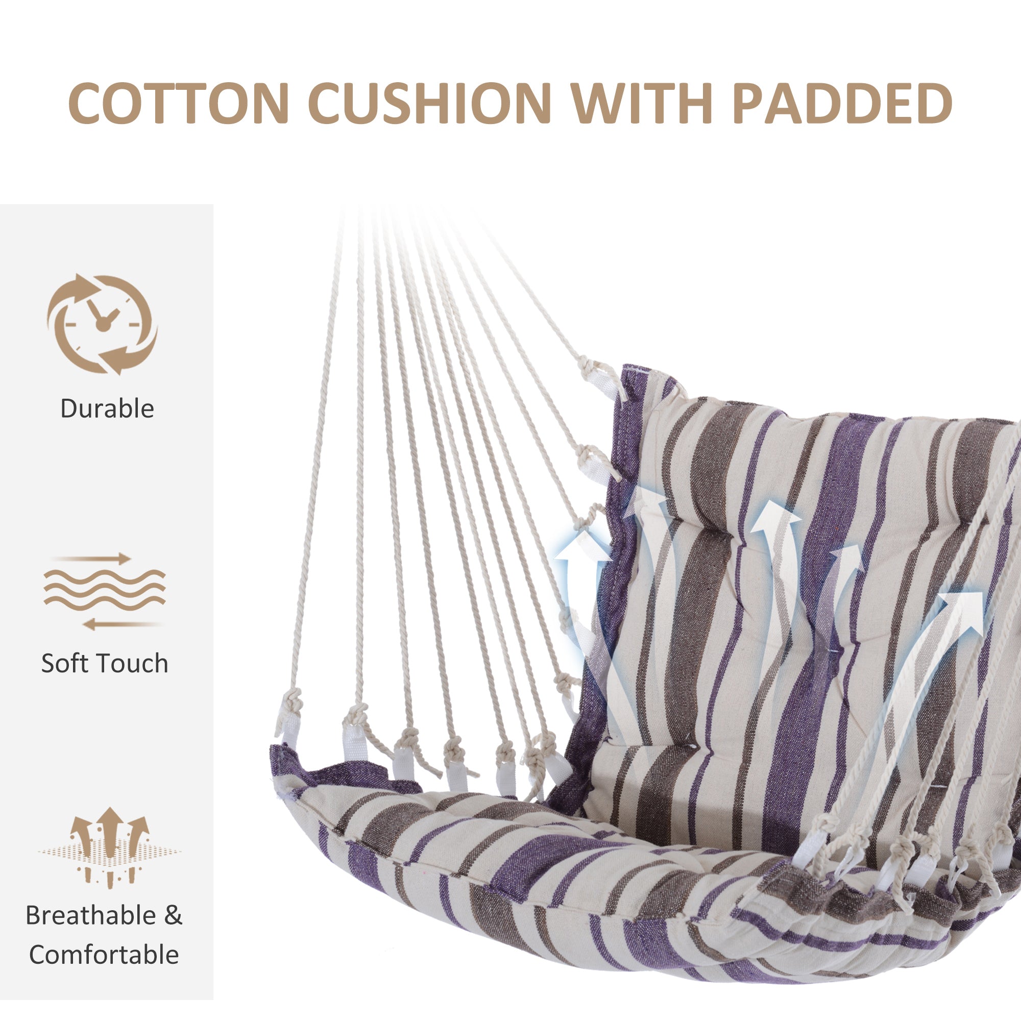 Outsunny Outdoor Hanging Rope Chair with Soft Padded Seat & Backrest, Garden Hammock Chair with Wooden Support Bar Cotton Cloth, Portable Garden Chair for Patio & Tree, Brown