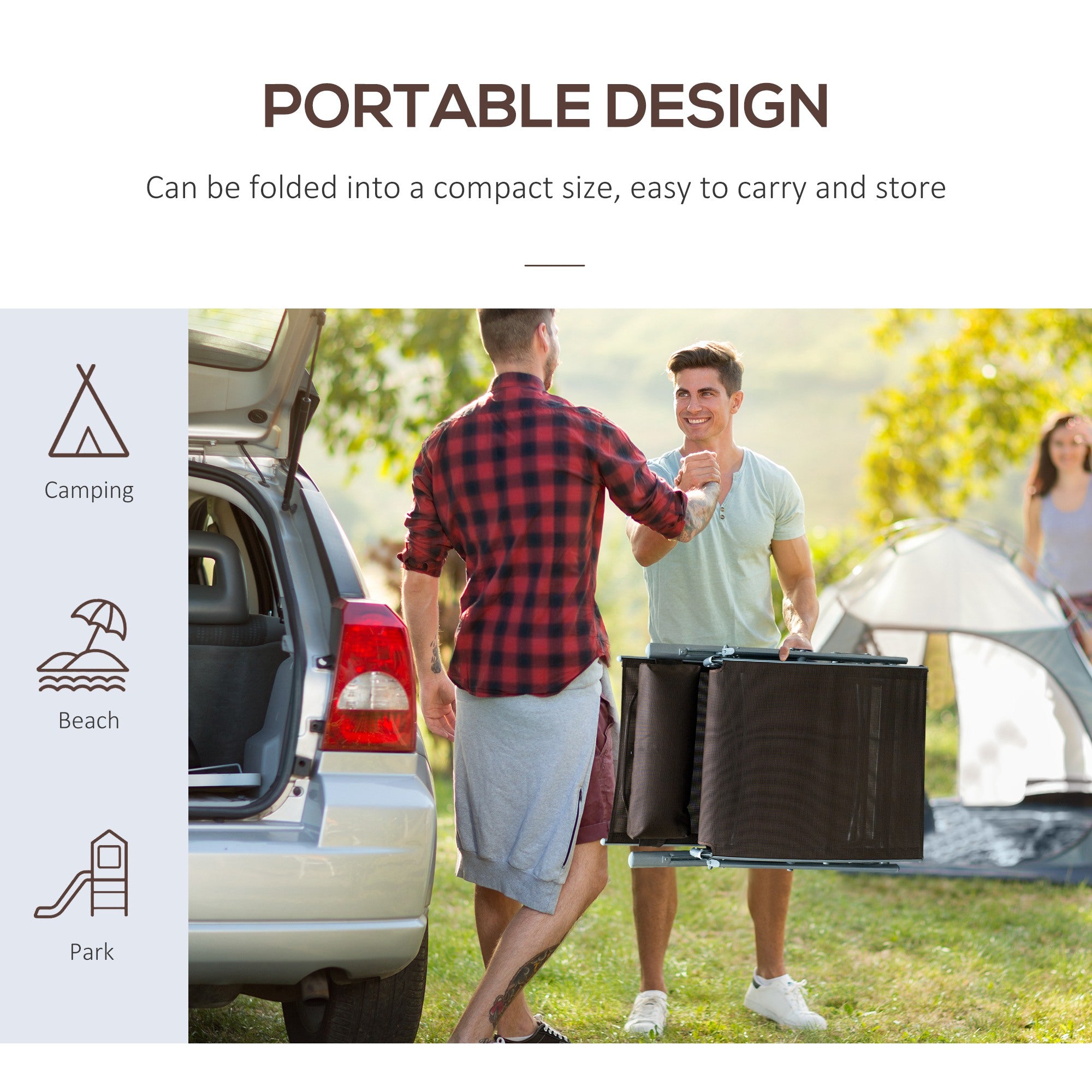 Outsunny Sun Lounger Steel Frame Outdoor Folding Chaise Texteline Lounge Chair Recliner with Headrest & 7 Levels Adjustable Backrest, Brown