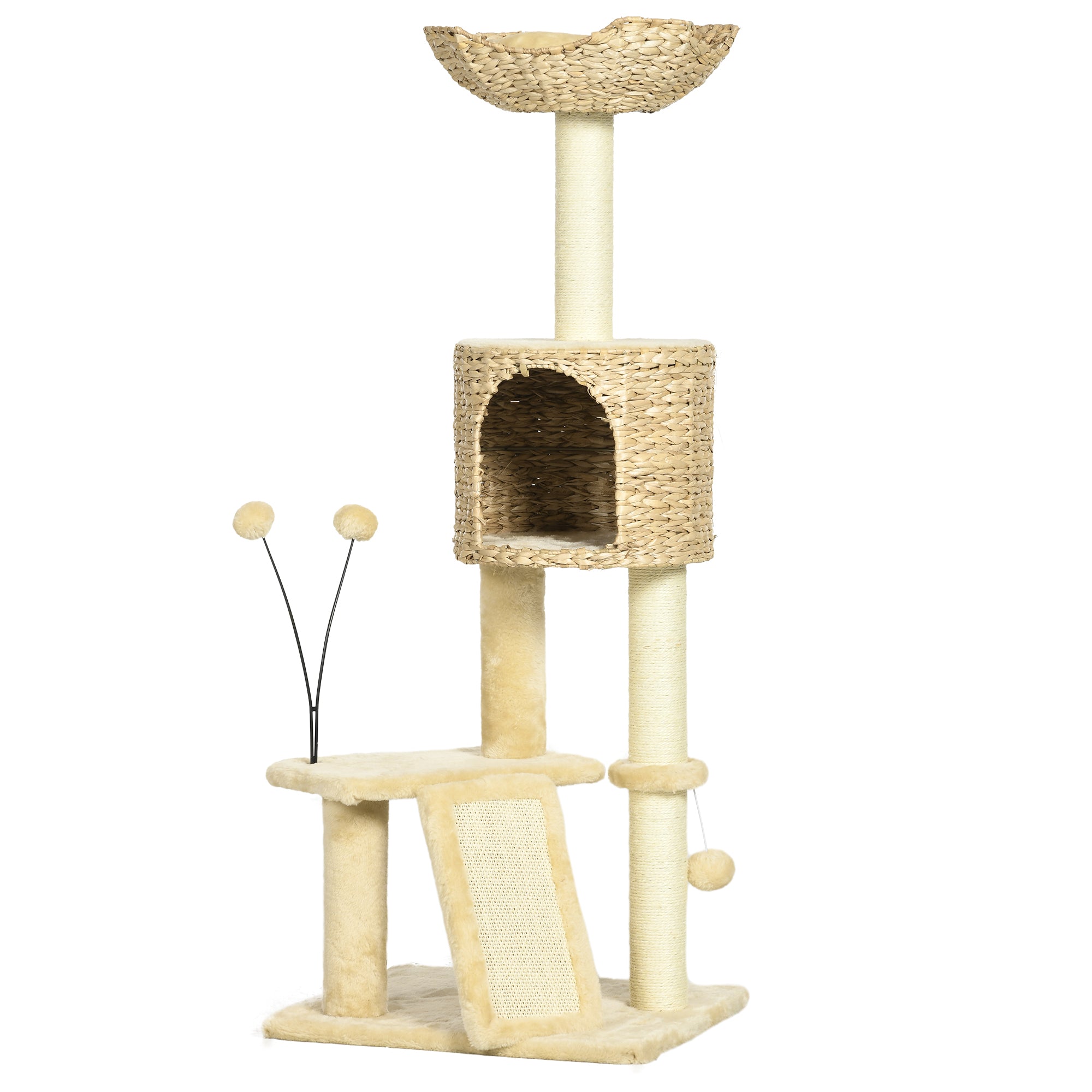 PawHut Cat Tree Tower with Scratching Post, Cat House, Bed, Toy Ball, Platform - Beige