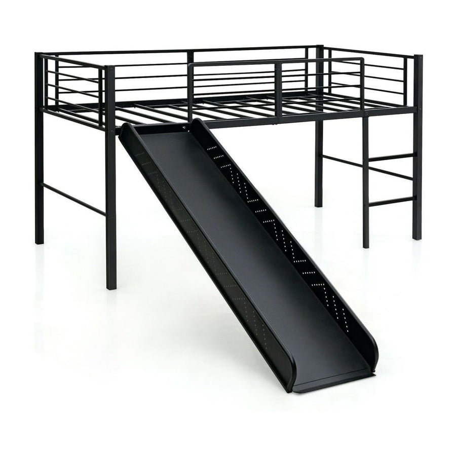 Sliding Loft Children Single Bed with Stairs and Safety Guardrails-Black