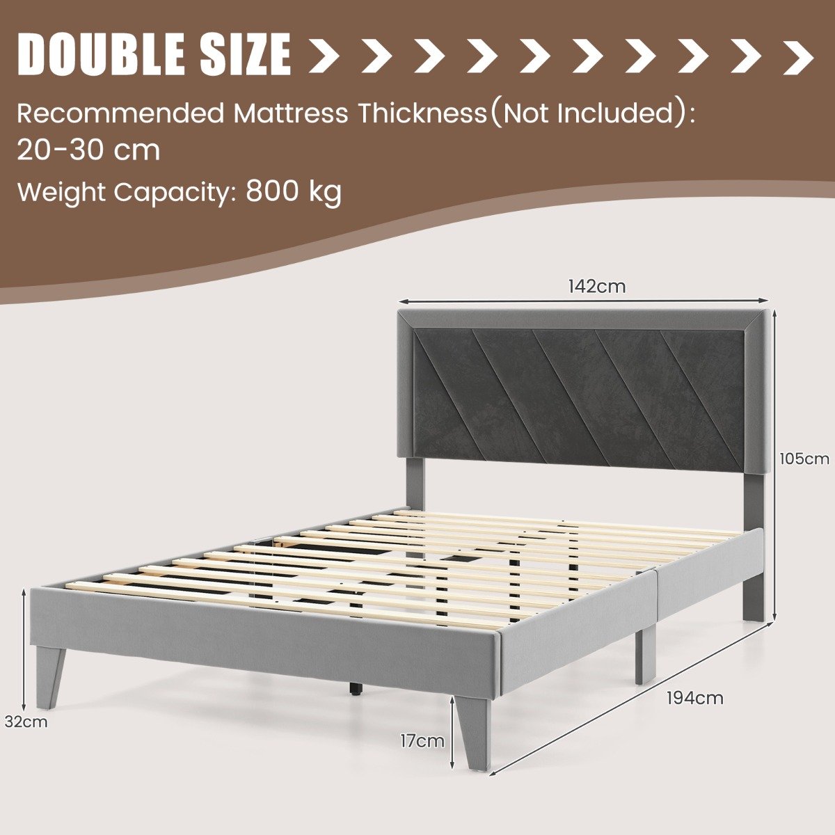 Single/Double Platform Bed with High Headboard &amp;12 Wooden Slats-Double Size
