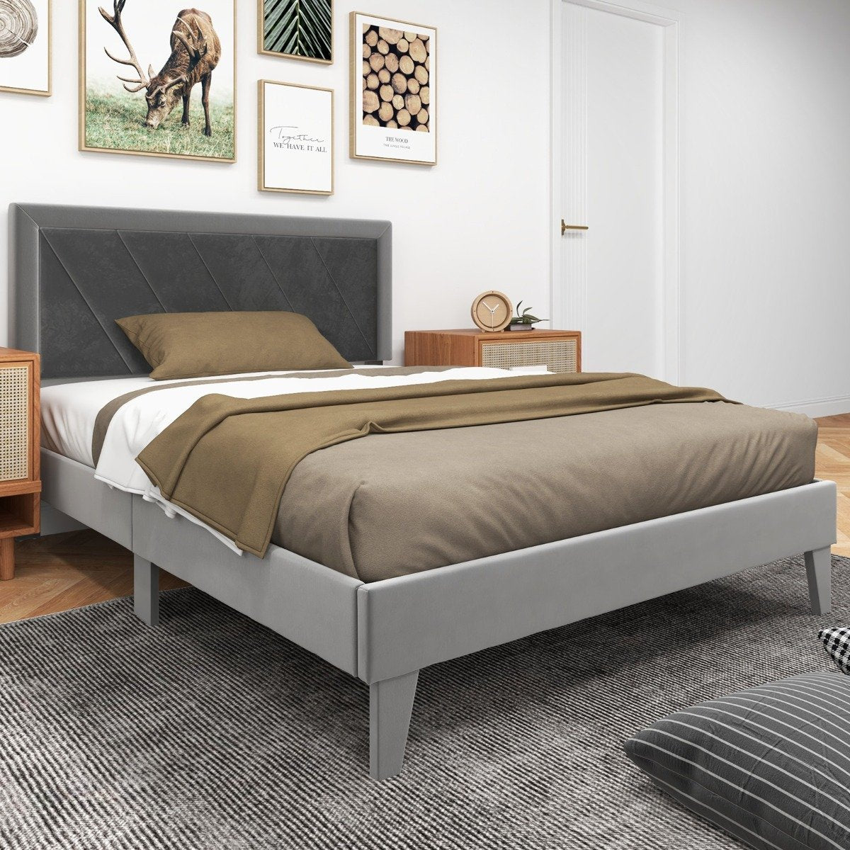 Single/Double Platform Bed with High Headboard &amp;12 Wooden Slats-Double Size