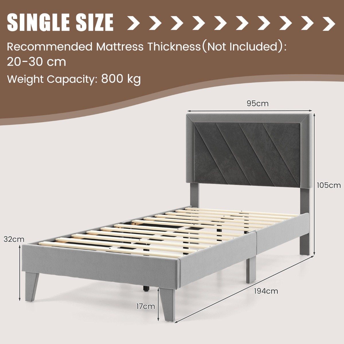 Single/Double Platform Bed with High Headboard &amp;12 Wooden Slats-Single Size