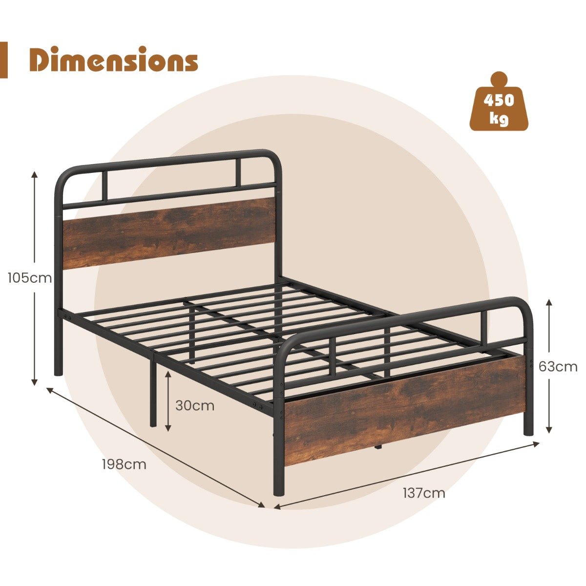 Single/Double/King Bed Frame with Industrial Headboard-Double Size