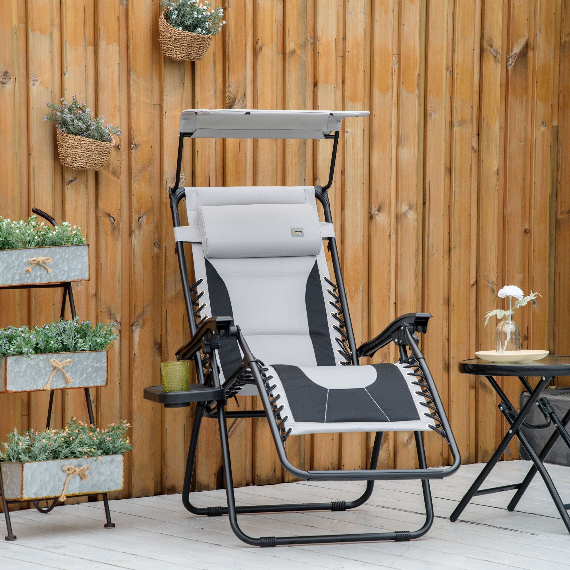 Outsunny Zero Gravity Lounger Chair, Folding Reclining Patio Chair with Shade Cover, Padded Seat, Cup Holder, Soft Cushion and Headrest for Poolside, Camping, Grey