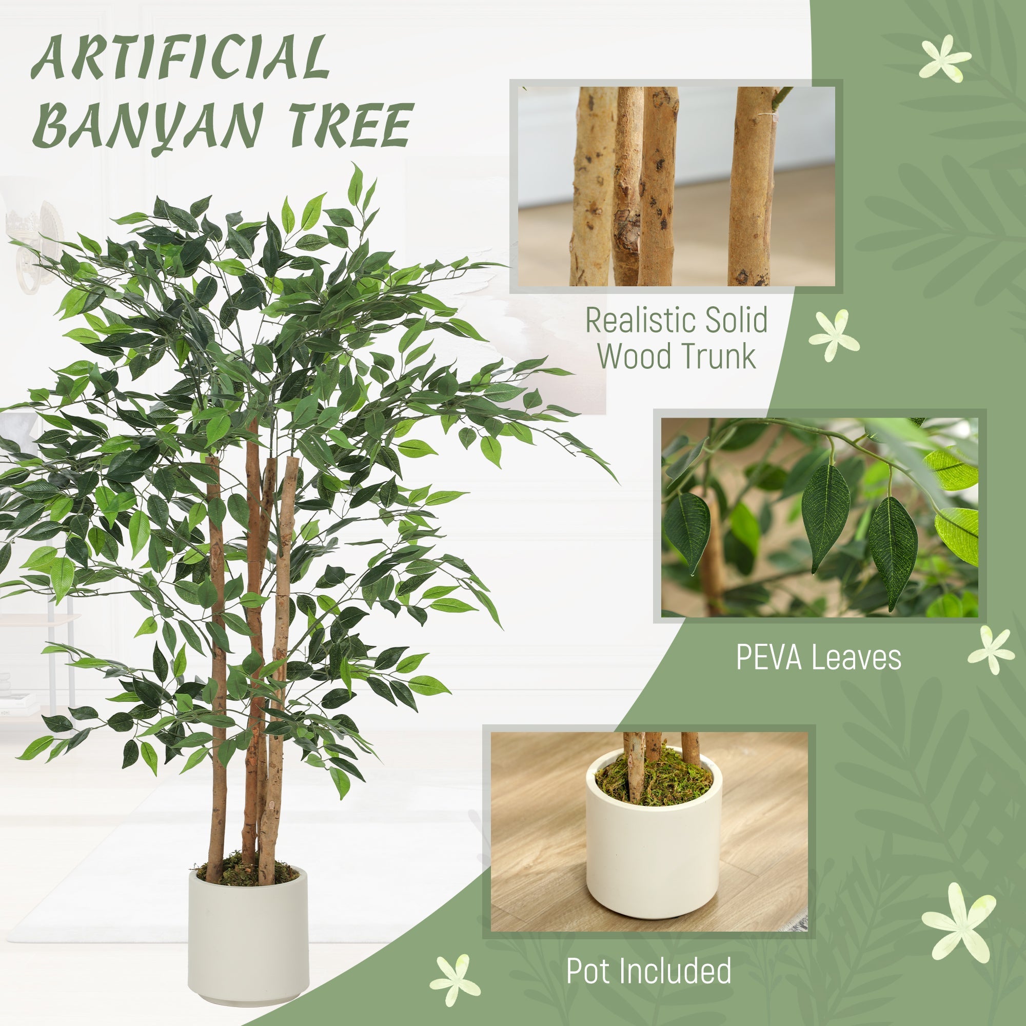HOMCOM 120cm Artificial Ficus Tree, Fake Potted Tree with Solid Wood Trunk and Pot for Indoor, Green