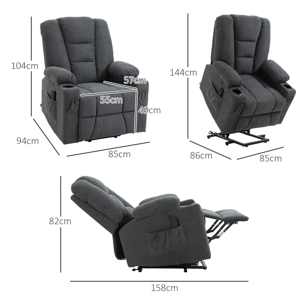 HOMCOM Electric Riser Recliner Armchairi1/4OE Oversized Chair with Cup Holder & Side Pockets for Elderly in Living Room, Charcoal Grey