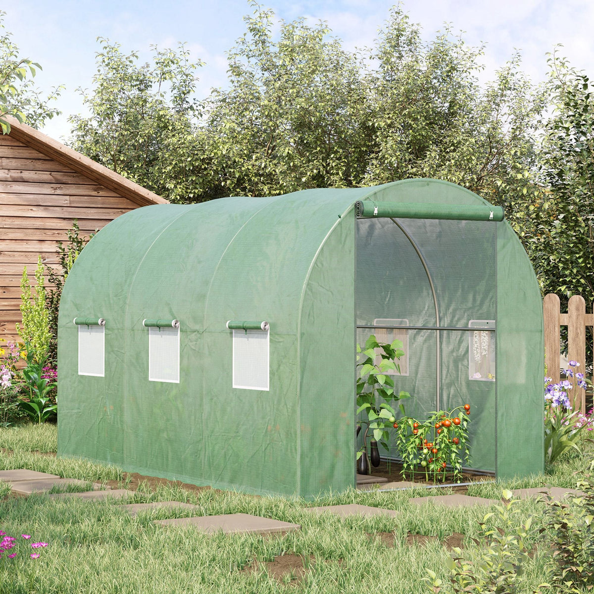 Outsunny Walk-in Polytunnel Greenhouse, Outdoor Garden Tunnel Greenhouse Tent with Zipped Roll-Up Door, Green
